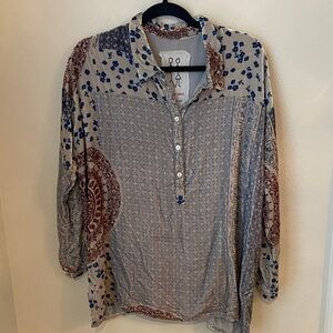 Johnny Was Silk Blend Mixed Print Boho Button Front Blouse Blue Burgundy Size S